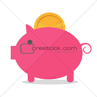 Pig piggy bank with coin vector illustration in flat style. The concept of money
