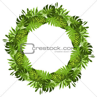 Green circle frame with tropical leaves. Vector illustration