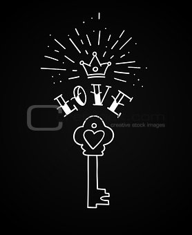 Hand drawn vintage love key with heart and crown in traditional tattoo style. Vector illustration.