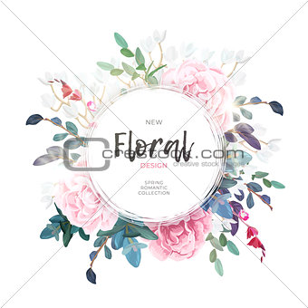 Vector round botanical frame with pale pink roses, green leaves and plants. Light romantic floral design.