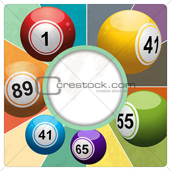 Retro bingo lottery balls border on multicolour background