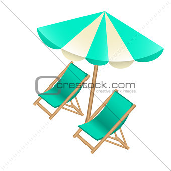 Beach umbrella and chairs to decorate tourist posters, flyers, b