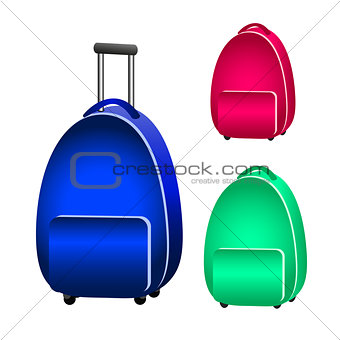 Blue suitcase green and red backpack for banner decoration, leaf