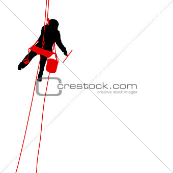 Silhouette of industrial climber washes windows on a white background