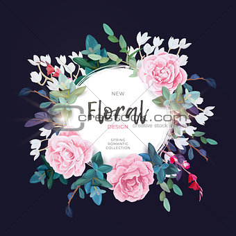 Vector round botanical frame with pale pink roses, green leaves and plants. Romantic floral design on the dark background.