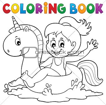 Coloring book girl floating on unicorn 1