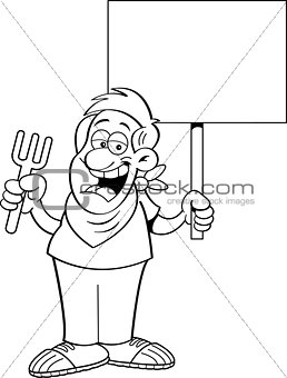 Cartoon Man Holding a Fork and a Sign