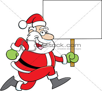 Cartoon Santa Claus Running While Holding a Sign