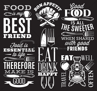 set of inscriptions in retro style on theme of eating with cutlery