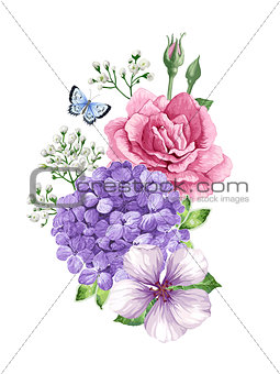 Bouquet of apple tree flower, gypsophila in watercolor style isolated on white background. For greeting cards, prints.