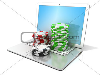 Laptop with red, green and black chips. 3D