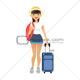 Travel female tourist standing with luggage. Young flat woman wearing casual clothes with baggage at airport. Vector cute lady with travel bag and backpack. Travel lifestyle concept.