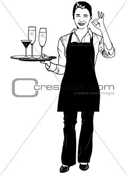 Waitress Holding a Tray and Gesturing Delicious