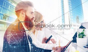 Businessman in office connected to internet network. concept of startup company. double exposure