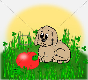 Puppy and worm eaten apple.
