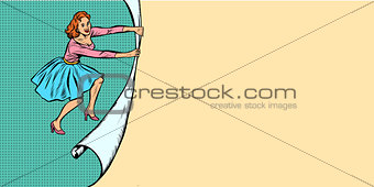 woman unfolds paper copy space background
