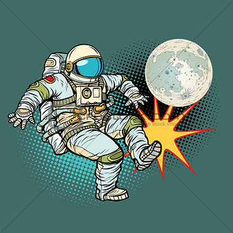 Astronaut plays football with the Moon