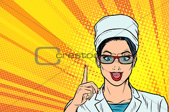 Female doctor pointing up gesture