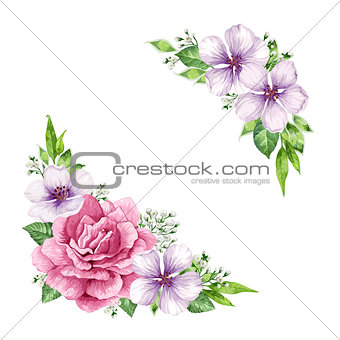 Flower frame in watercolor style isolated on white background. Template for invitation card. Square composition. Place for text.