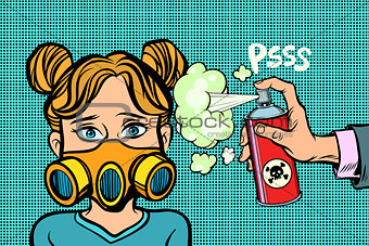 Woman in a gas mask, sprayed poison