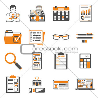Auditing, Tax, Accounting two color icons set