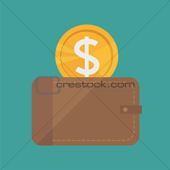 Vector Wallet and Gold Coins Icon - Flat design style