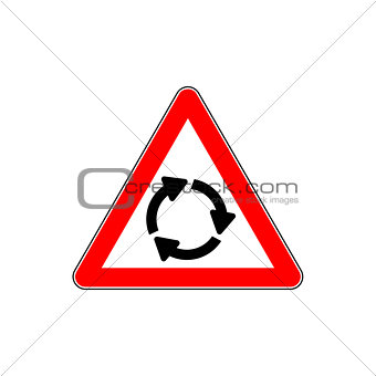 Roundabout crossroad ahead, red triangle warning sign vector.