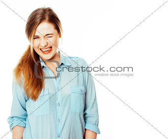 cute young woman making cheerful faces on white background