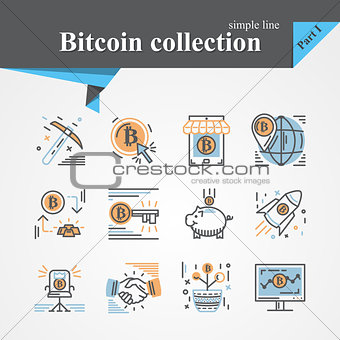 Bitcoin outline and flat trendy icon set