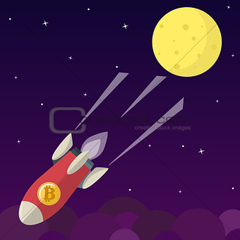 Bitcoin icon rocket ship in flat style