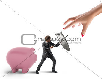 Business man protects financial capital from the tax office fighting with sword and shield. 3D Rendering