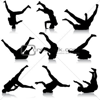 Set Black Silhouettes breakdancer on a white background