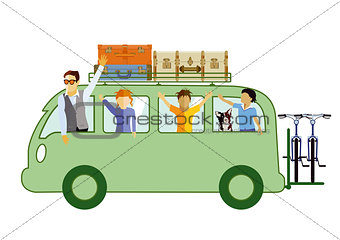 Family in the camping bus illustration