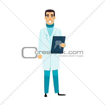 Dentist flat cartoon character. Stomatologist is holding an x-ray of the tooth. Doctor with radiograph. Dentist healthcare, profession, stomatology and medicine concept.