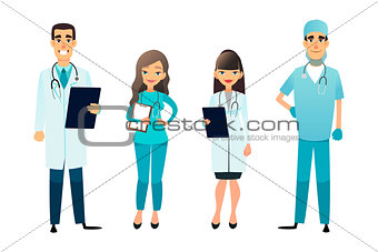 Doctors and nurses team. Cartoon medical staff. Medical team concept. Surgeon, nurse and therapist on hospital. Professional health workers.