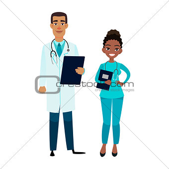 Cartoon african american doctor and nurse. Happy african male doctor with tablet and female assistant