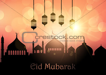 Eid Mubarak background with hanging lanterns and mosque silhouet