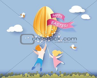 Happy Easter card with kids, flowers and egg