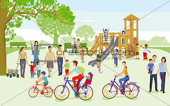 Families with children in the playground, illustration