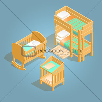 Bunk bed, baby crib, changing table isometric icon.