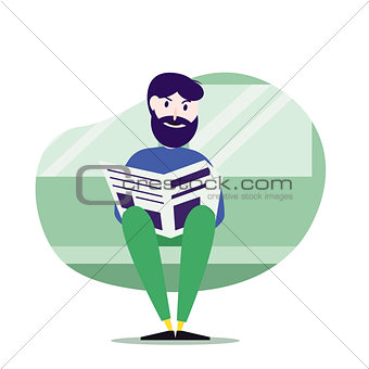 Caucasian man reading newspaper in public transport. Hipster man with beard traveling by public transport.
