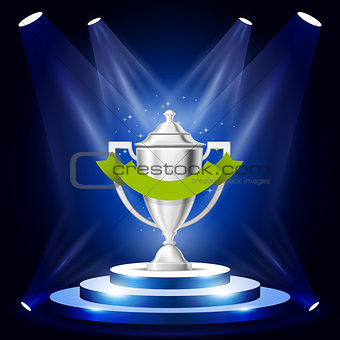 Illuminated sport cup on podium - winner award ceremony stage, p
