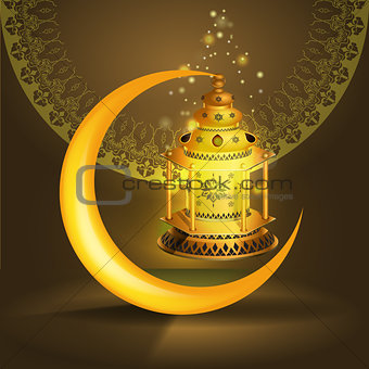 Vector Ramadan kareem vector greetings design with lantern or fanoos mock up with golden background.