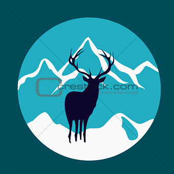 Wild deer in the mountains. Rustic vector emblem.