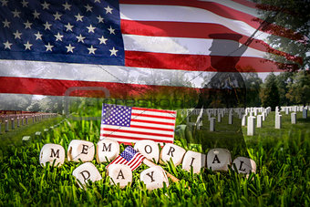 Soldier silhouette, american flag and grave stones.