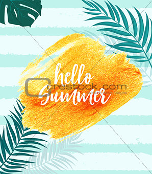 Hello Summer Gold Paint Glittering Textured Art Illustration. Vector Illustration