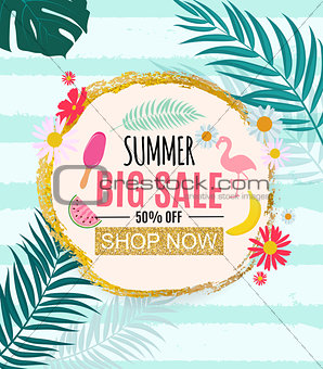 Summer Sale Abstract Banner Background with Palm Leaves Vector Illustration