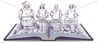 Open book historical novel illustration about three musketeers