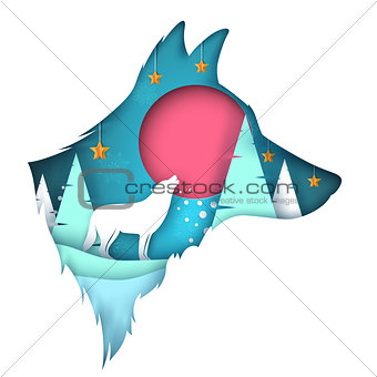 Dog, wolf illustration. Cartoon paper landscape.