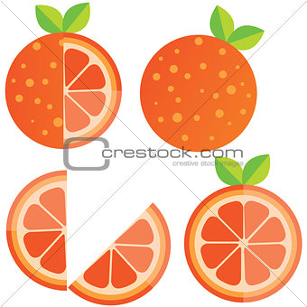 Oranges orange slice, half cut orange and front view of cut ripe orange. Set of vector illustration.
